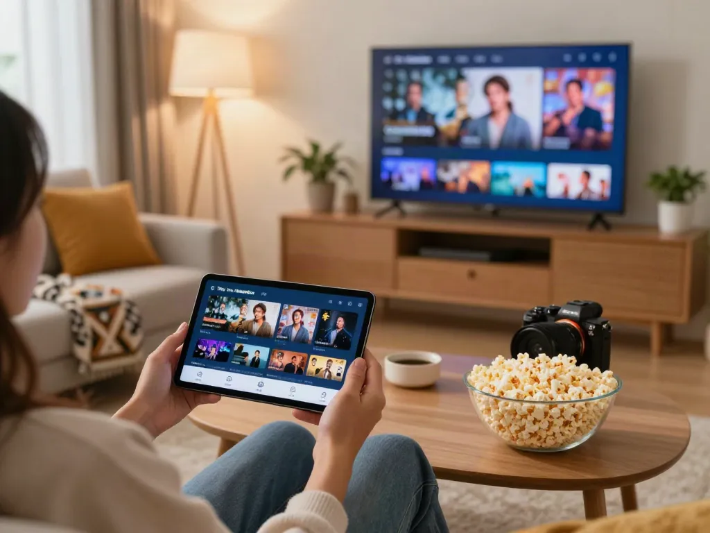 Cozy living room scene with MoviesBox app on smartphone